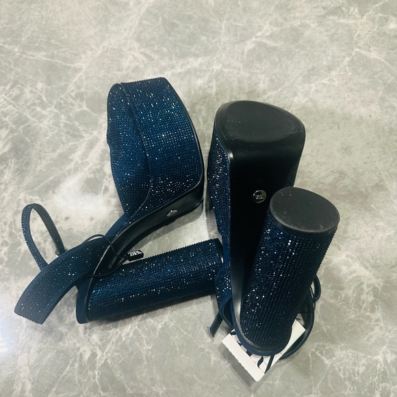 ZARA Navy Blue Rhinestone Platform Heels Formal Glamour Size 7.5 $115 - Picture 7 of 8